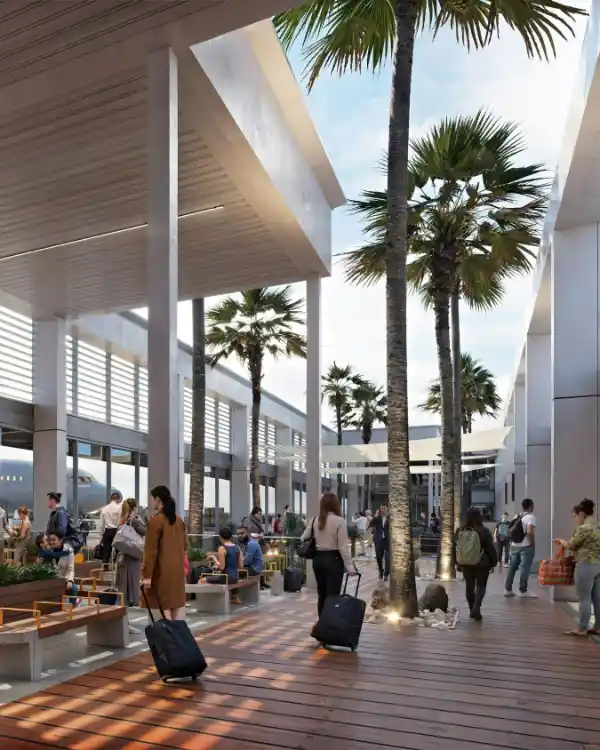 Open-air concourse lined with palm trees at Long Beach Airport