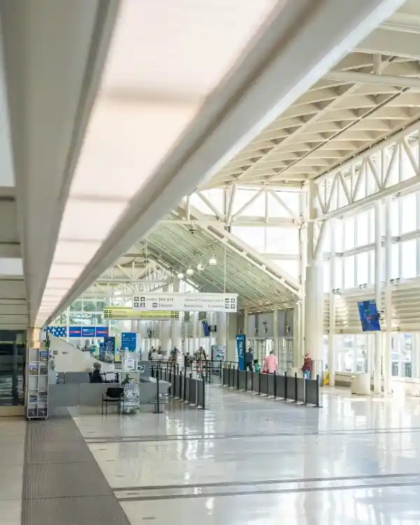Bright, open terminal hall at Ontario International Airport