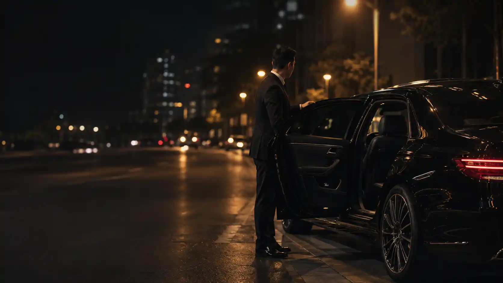 A RielVIP chauffeur opening the door of a black sedan at night